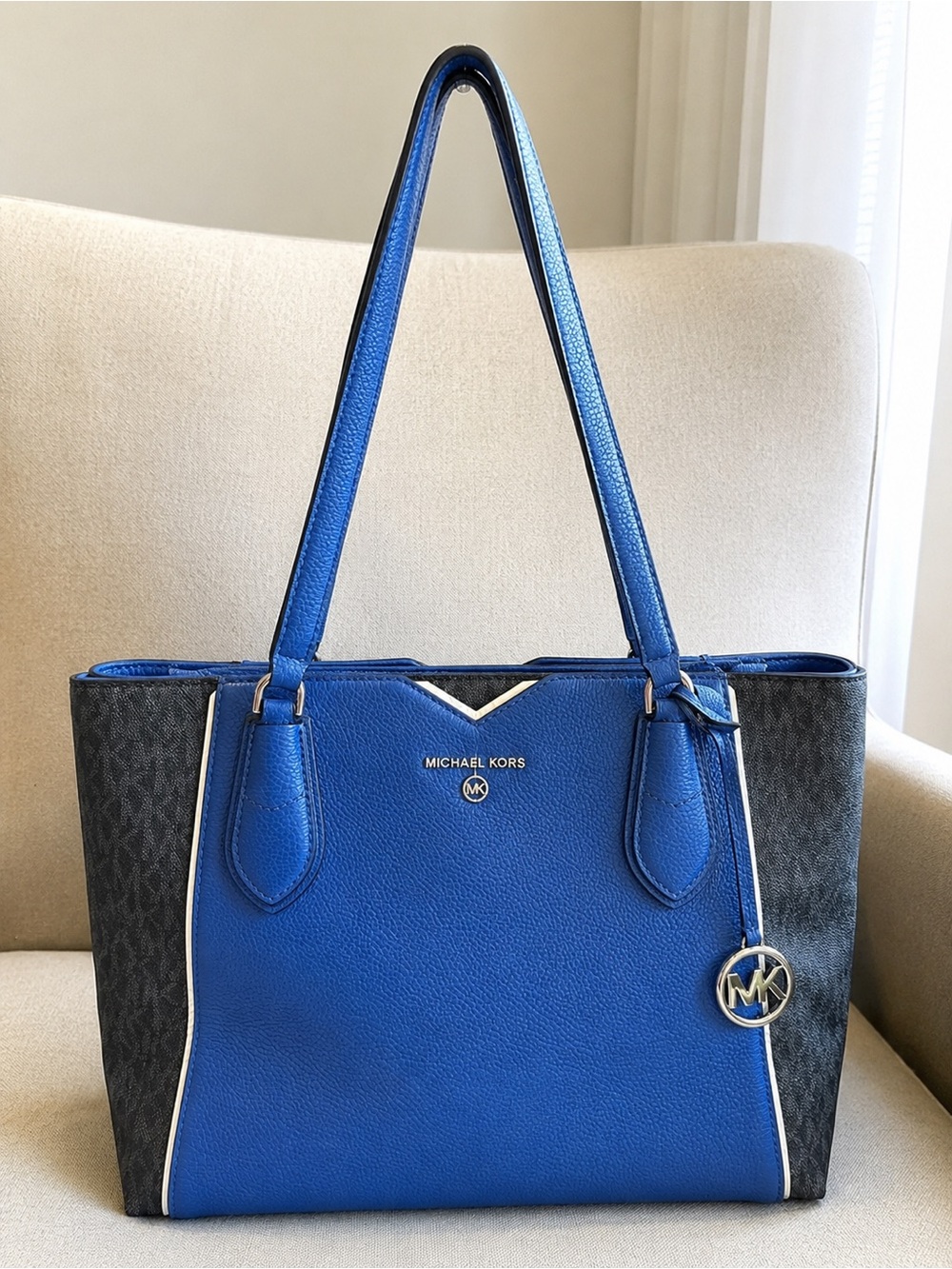 Michael Kors Royal Blue & Black Logo Tote with Silver Hardware